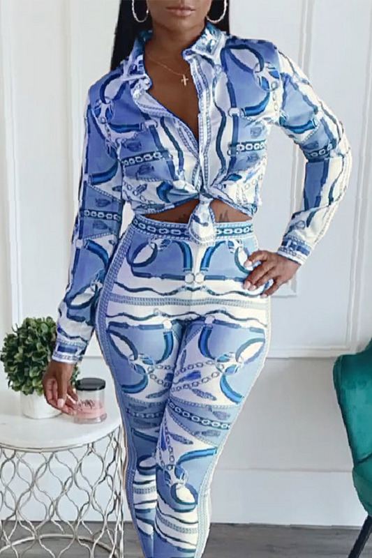 Casual Print Patchwork Turndown Collar Long Sleeve Two Pieces