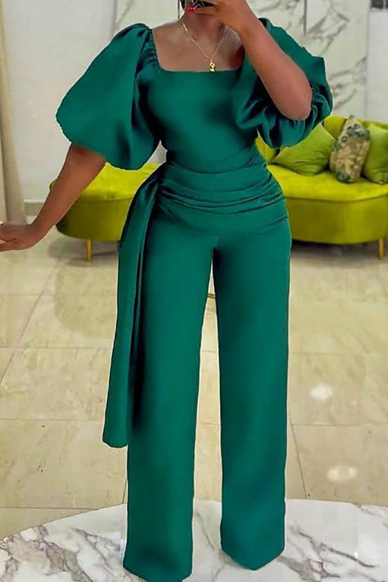 Casual Solid Patchwork Square Collar Straight Jumpsuits