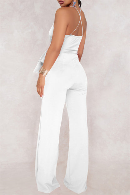 Sexy Casual Solid Backless V Neck Regular Jumpsuits