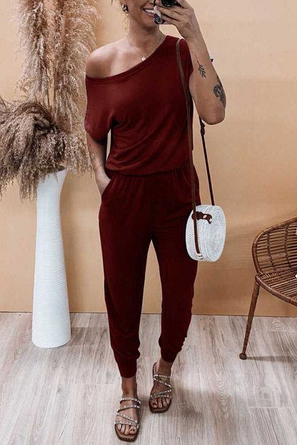 Casual Solid Patchwork One Shoulder Harlan Jumpsuits(6 Colors)