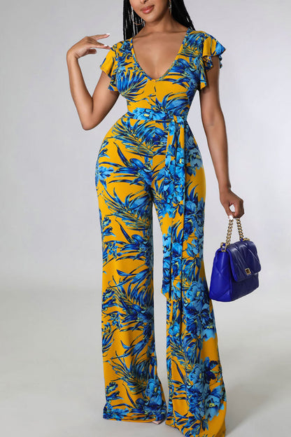 Sexy Print Patchwork Backless V Neck Straight Jumpsuits