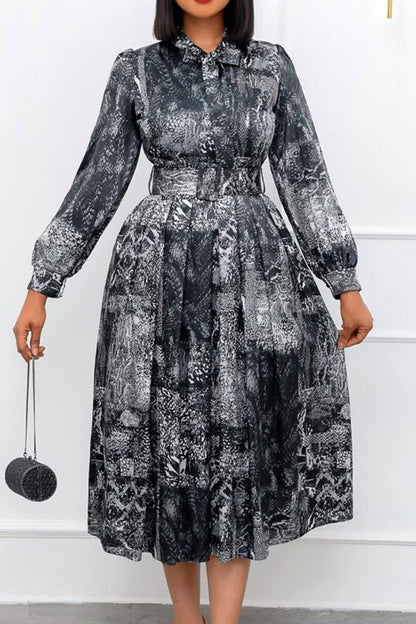 Elegant Print Patchwork With Belt O Neck A Line Dresses