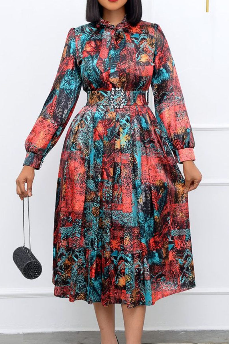 Elegant Print Patchwork With Belt O Neck A Line Dresses