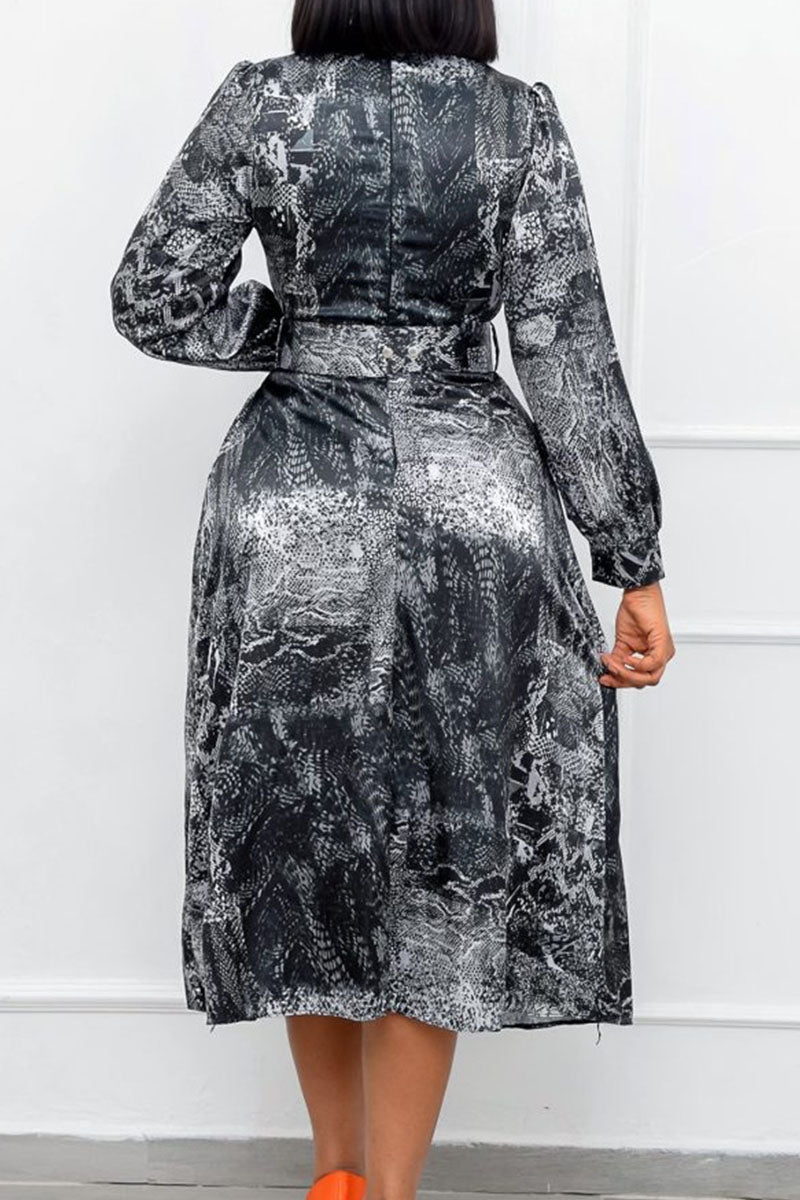 Elegant Print Patchwork With Belt O Neck A Line Dresses