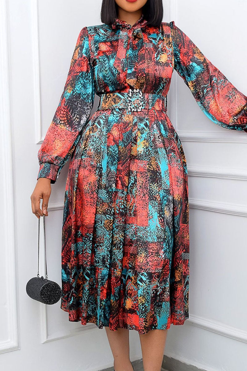 Elegant Print Patchwork With Belt O Neck A Line Dresses