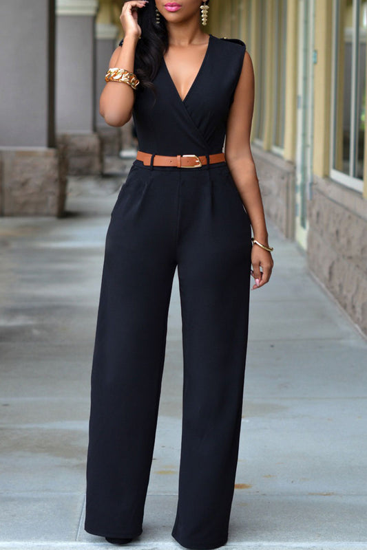 Casual Solid With Belt V Neck Straight Jumpsuits (Contain The Belt)(3 Colors)