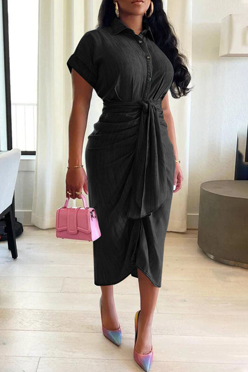 Casual Solid Bandage Buckle Fold Asymmetrical Turndown Collar Denim Dress Dresses(3 Colors)