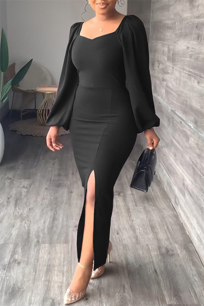 Casual Solid Slit Square Collar Long Sleeve Dresses(5 Colors)