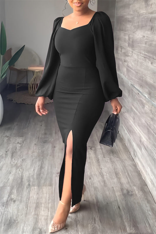 Casual Solid Slit Square Collar Long Sleeve Dresses(5 Colors)