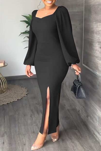 Casual Solid Slit Square Collar Long Sleeve Dresses(5 Colors)