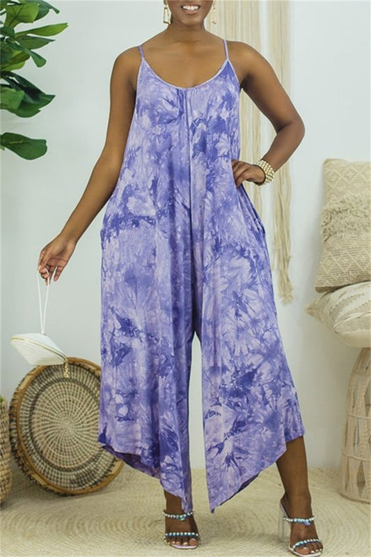 Fashion Casual Print Tie Dye Backless Spaghetti Strap Regular Jumpsuits