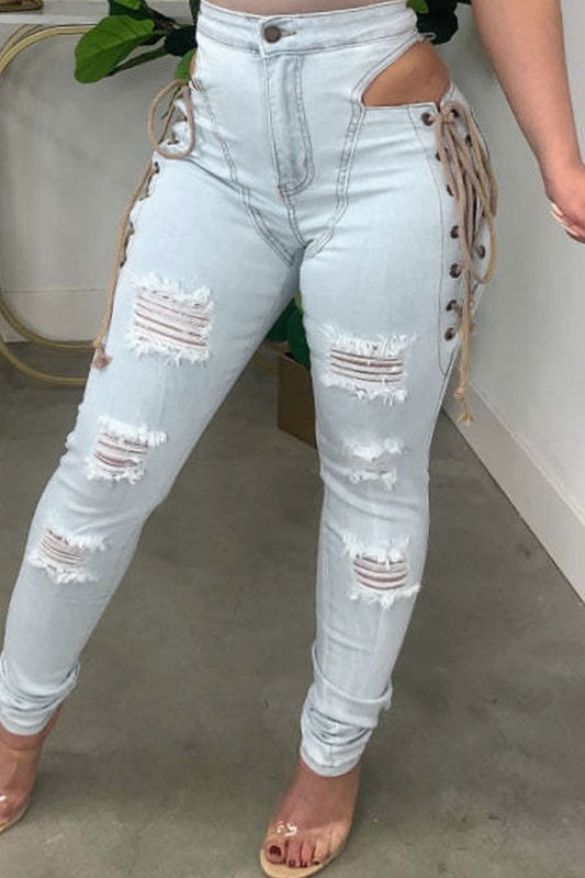 Fashion Casual Solid Ripped Bandage Hollowed Out High Waist Skinny Denim Jeans