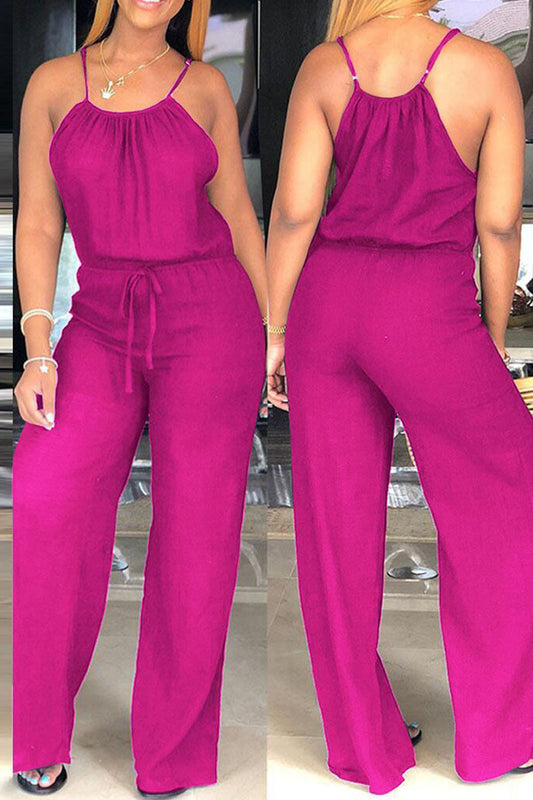 Casual Solid Patchwork Spaghetti Strap Straight Jumpsuits(4 Colors)