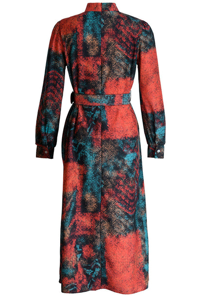 Elegant Print Patchwork With Belt O Neck A Line Dresses