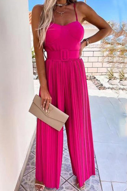 Sexy Solid Patchwork Fold Spaghetti Strap Straight Jumpsuits(6 Colors)