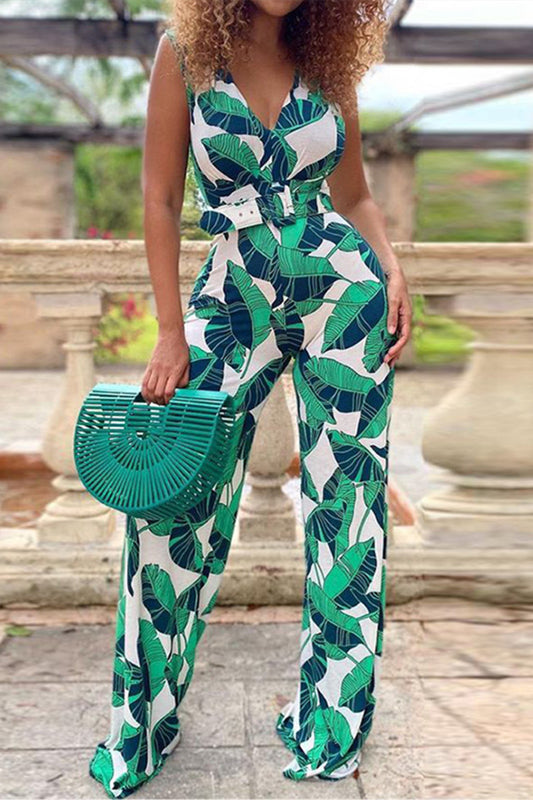 Casual Print Patchwork V Neck Regular Jumpsuits