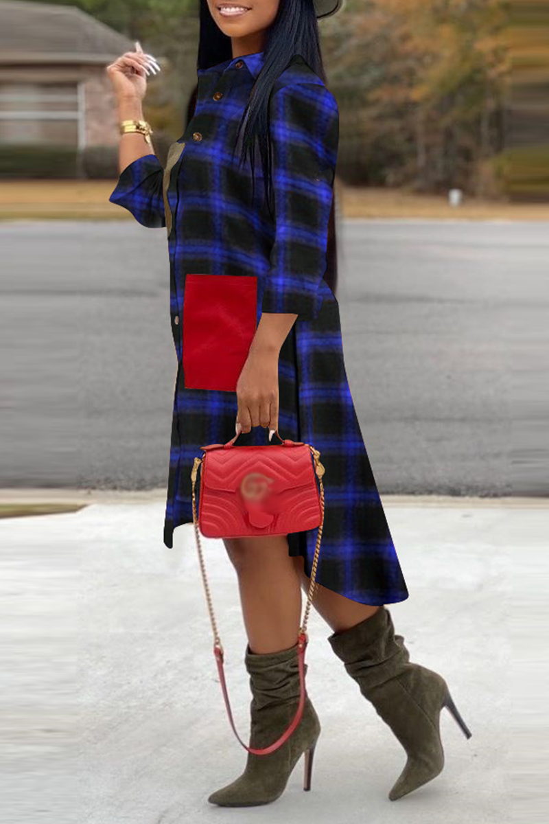 Casual Plaid Patchwork Turndown Collar Shirt Dress Dresses