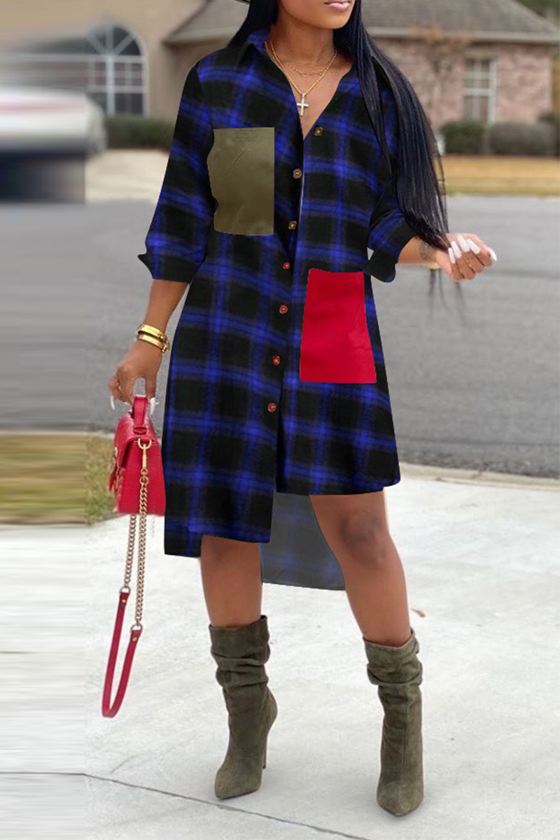 Casual Plaid Patchwork Turndown Collar Shirt Dress Dresses