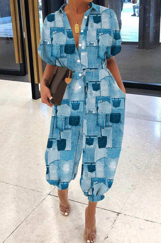 Fashion Casual Print Patchwork Turndown Collar Regular Jumpsuits