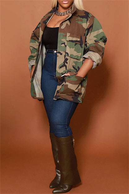 Casual Camouflage Print Cardigan Turndown Collar Outerwear