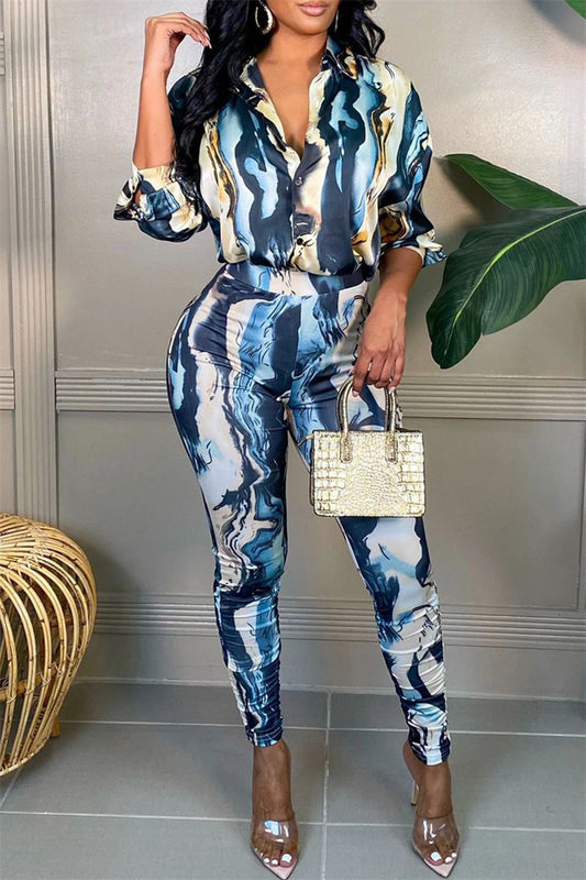 Casual Print Patchwork Turndown Collar Long Sleeve Two Pieces