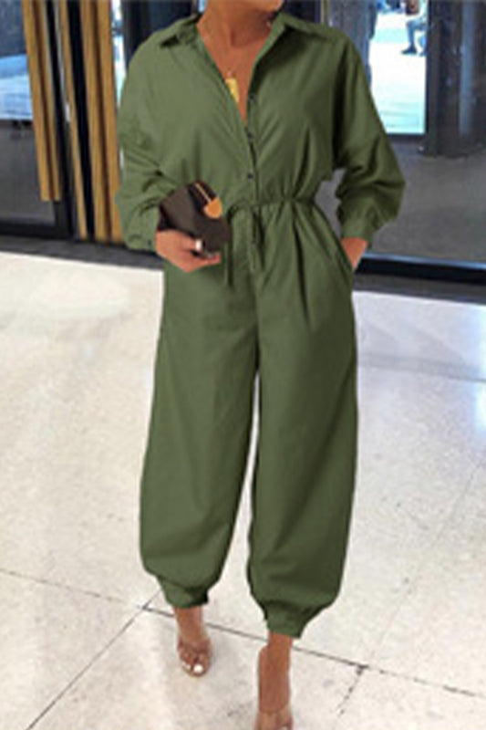 Casual College Solid With Belt Printing Turndown Collar Loose Jumpsuits(5 Colors)