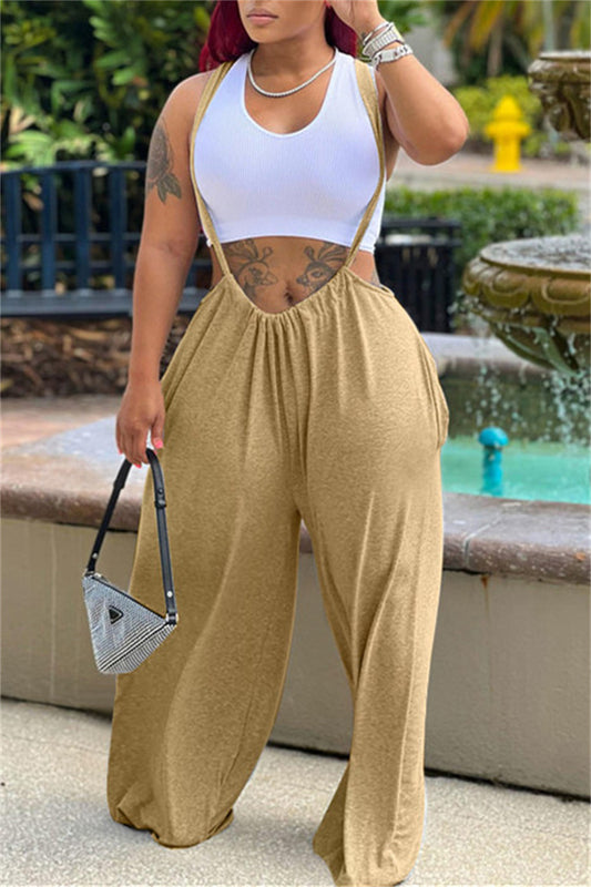 Casual Solid Backless Spaghetti Strap Regular Jumpsuits (Without Vest)