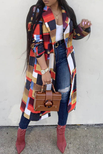 Casual Plaid Print Patchwork Turndown Collar Outerwear