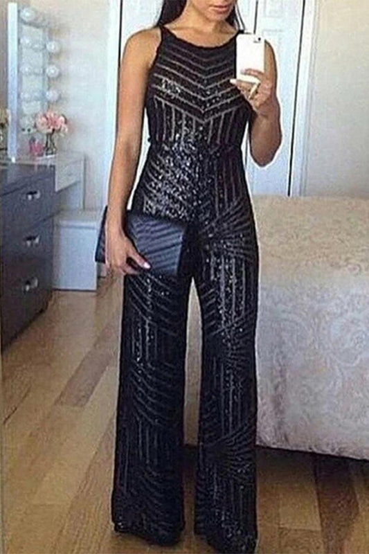 Elegant Solid Sequins O Neck Regular Jumpsuits