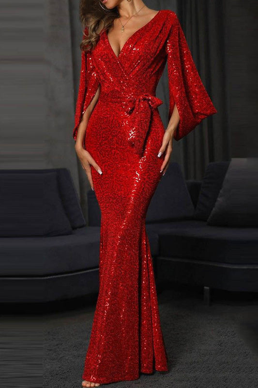 Elegant Solid Bandage Sequins Patchwork V Neck Evening Dress Dresses