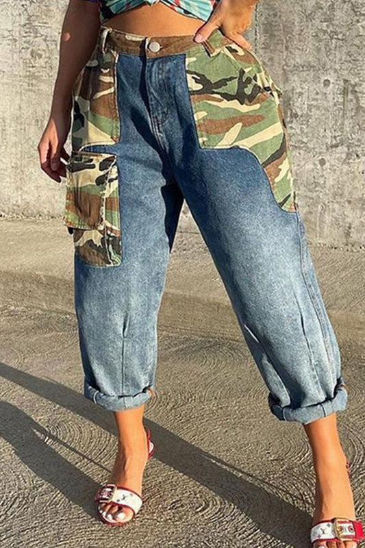 Street Print Camouflage Print Patchwork High Waist Loose Denim Jeans