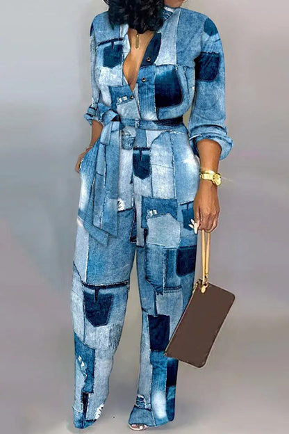 Casual Print Patchwork Buckle With Belt Straight Jumpsuits