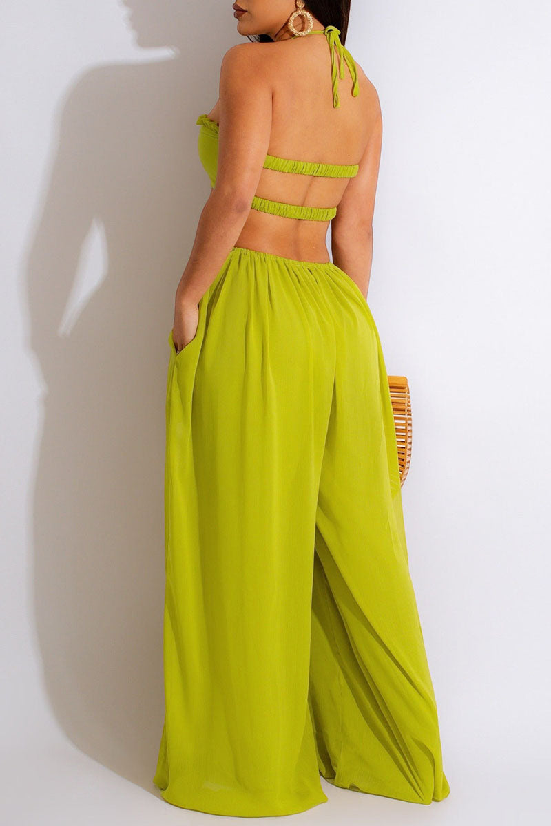 Sexy Solid Patchwork Backless Halter Straight Jumpsuits