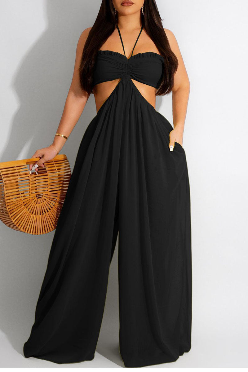 Sexy Solid Patchwork Backless Halter Straight Jumpsuits