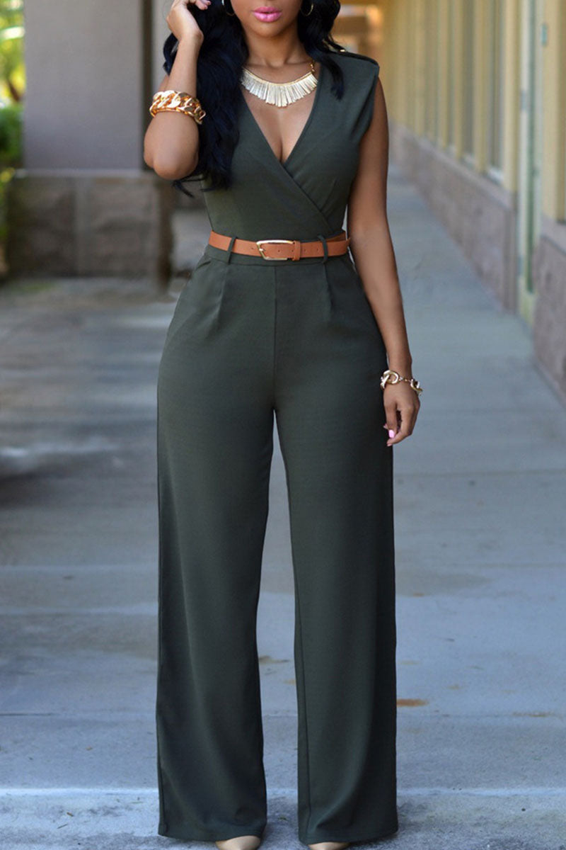 Casual Solid With Belt V Neck Straight Jumpsuits (Contain The Belt)(3 Colors)