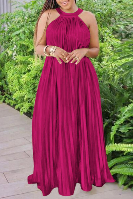 Casual Solid Pleated O Neck Long Dress (Without Belt)