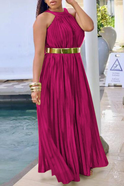 Casual Solid Pleated O Neck Long Dress (Without Belt)