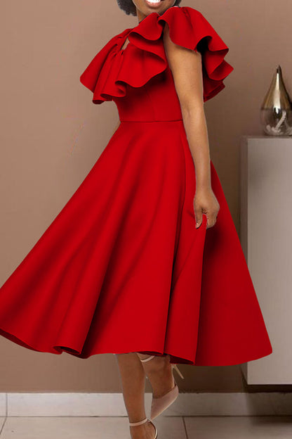 Elegant Solid Patchwork Flounce O Neck Evening Dress Dresses