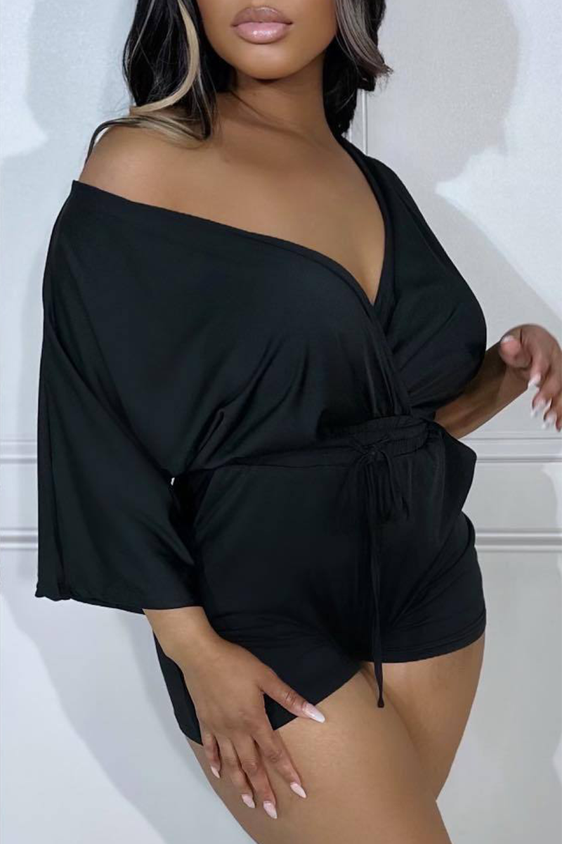 Sexy Solid Draw String V Neck Straight Rompers