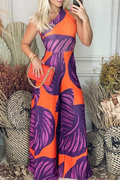 Casual Print Backless Oblique Collar Regular Jumpsuits