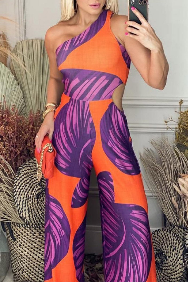 Casual Print Backless Oblique Collar Regular Jumpsuits