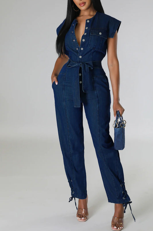 Street Solid Bandage Patchwork Buckle With Belt O Neck Sleeveless Straight Denim Jumpsuits