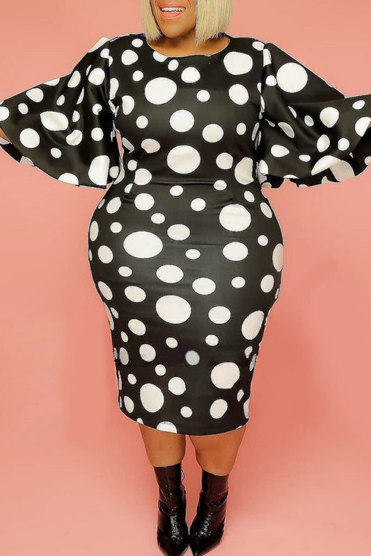 Casual Dot Print Patchwork O Neck Long Sleeve Plus Size Dresses