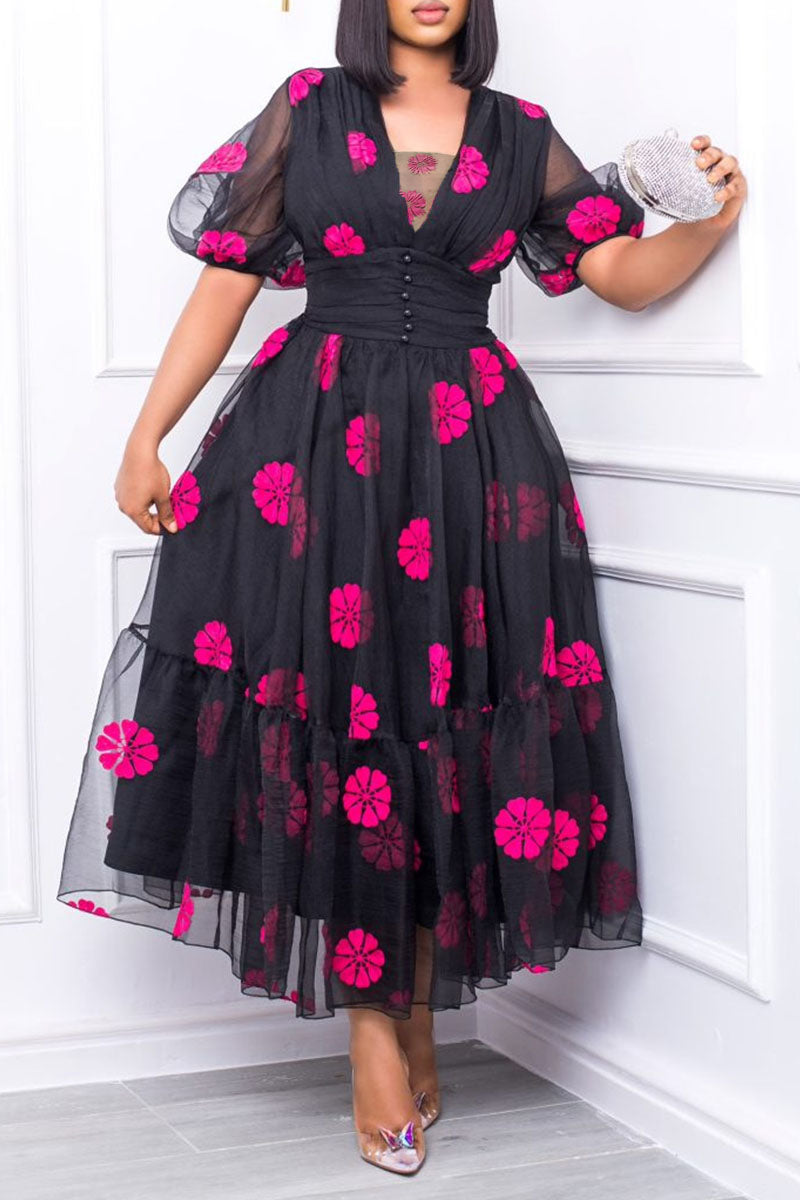 Elegant Print Patchwork V Neck A Line Dresses