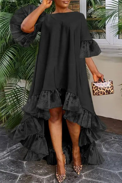 Casual Elegant Solid Patchwork Flounce O Neck Irregular Dress Dresses