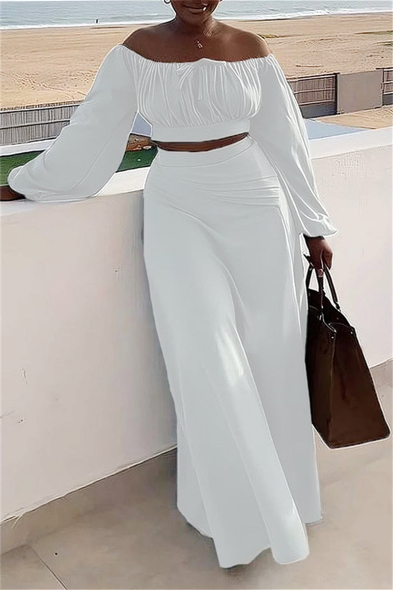 Casual Vacation Solid Slit Fold Off the Shoulder Long Sleeve Two Pieces