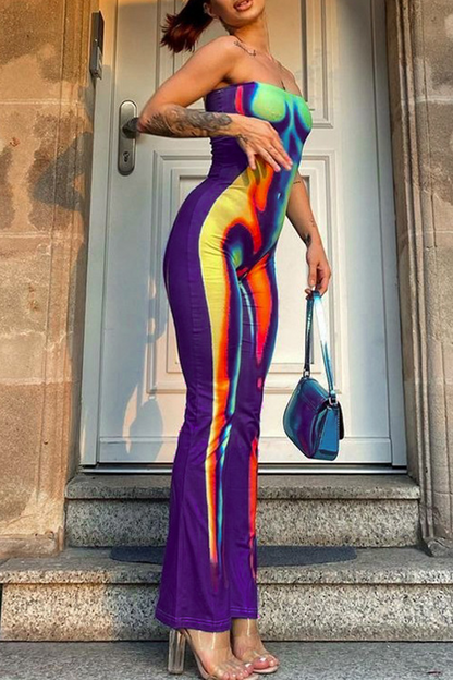 Street Print Patchwork Backless Contrast Strapless Regular Jumpsuits