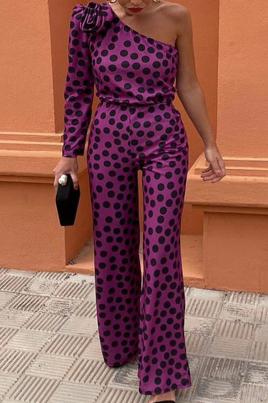 Casual Dot Print Backless Oblique Collar Regular Jumpsuits