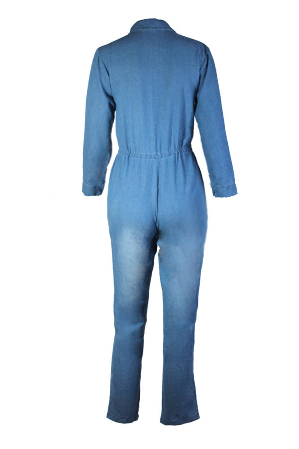 Euramerican Turndown Collar Denim One-piece Jumpsuits